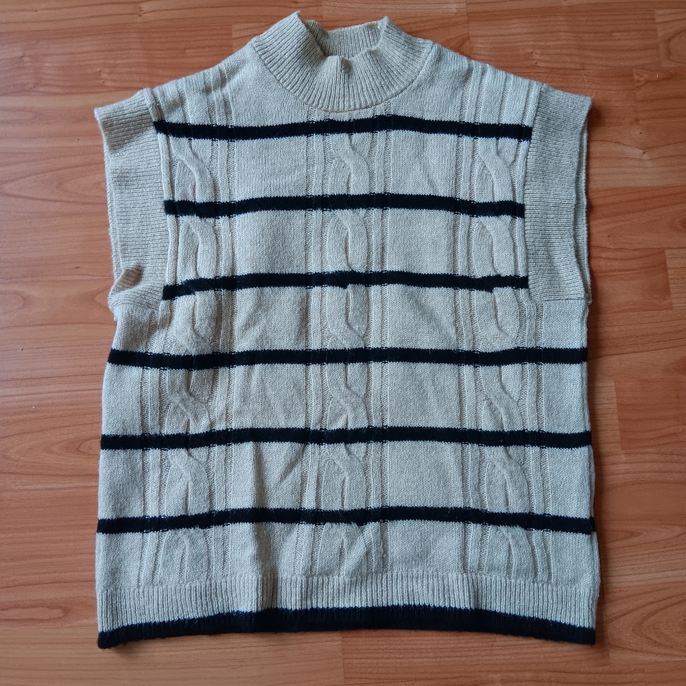 Maeve Striped Cable Sweater Vest Beige Black Cottagecore Grandpa XS  Preppy